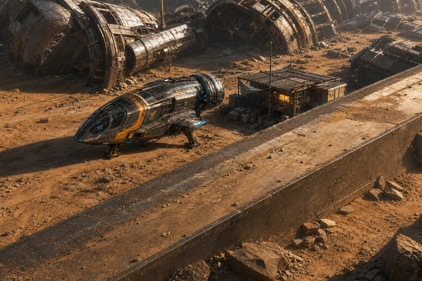 Starship junkyard wide establishing shot