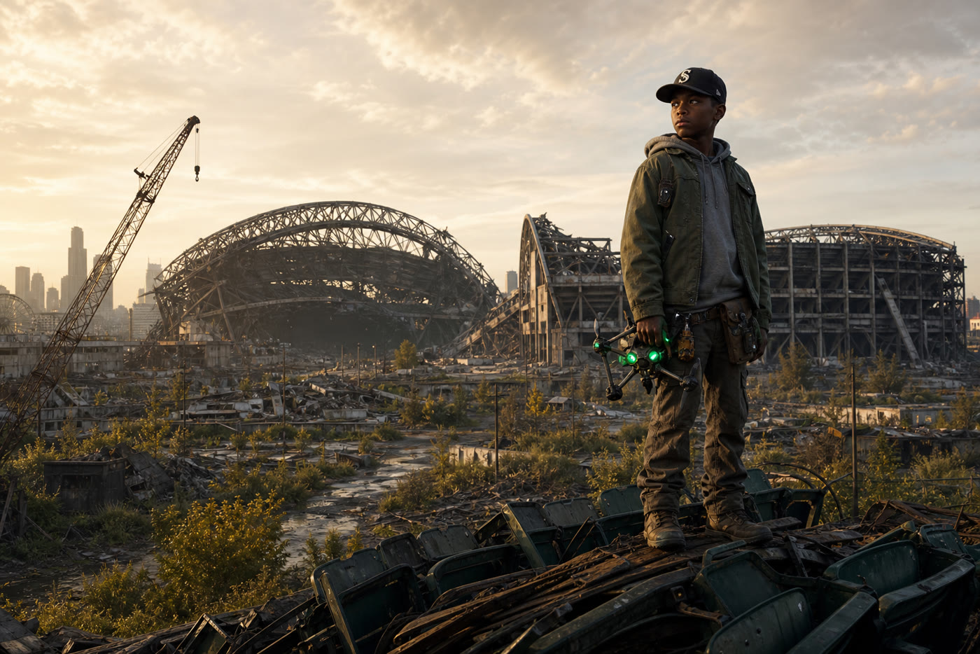 Black kid on stadium seat mound, ruined Seattle stadiums behind
