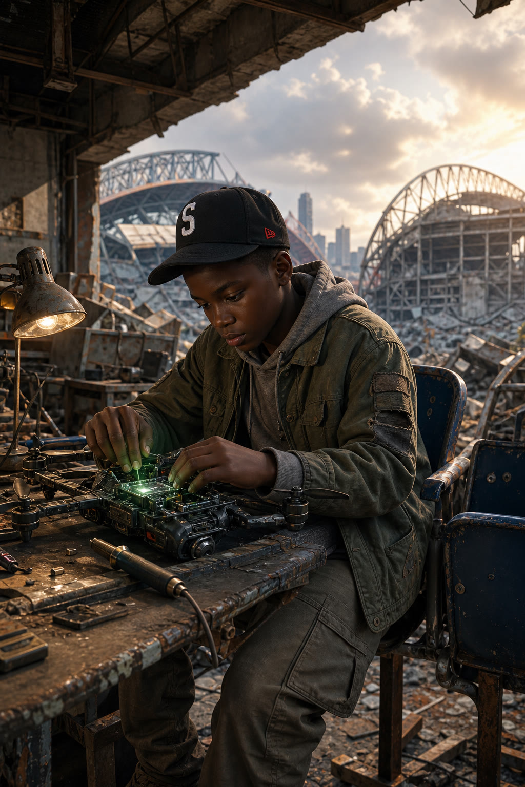 Black kid building a drone at a salvaged workbench
