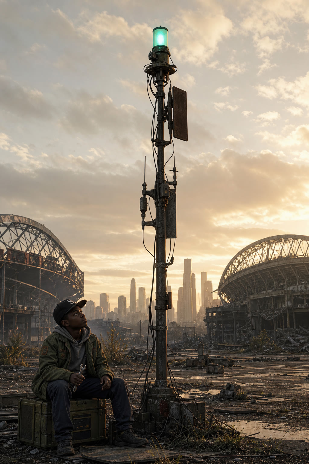 Salvaged antenna beacon glowing over ruined stadiums, kid at its base